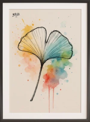 Minimalist ink and watercolor illustration of a ginkgo leaf with rainbow splashes – A4 vertical printable