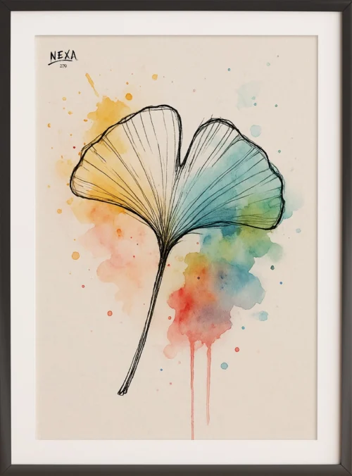 Minimalist ink and watercolor illustration of a ginkgo leaf with rainbow splashes – A4 vertical printable
