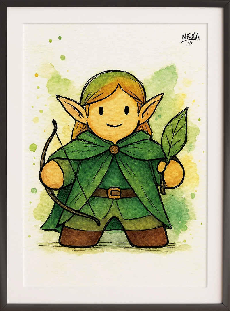 Cute smiling elf archer in green cloak with a bow and a leaf, hand-drawn ink and watercolor – A4 printable
