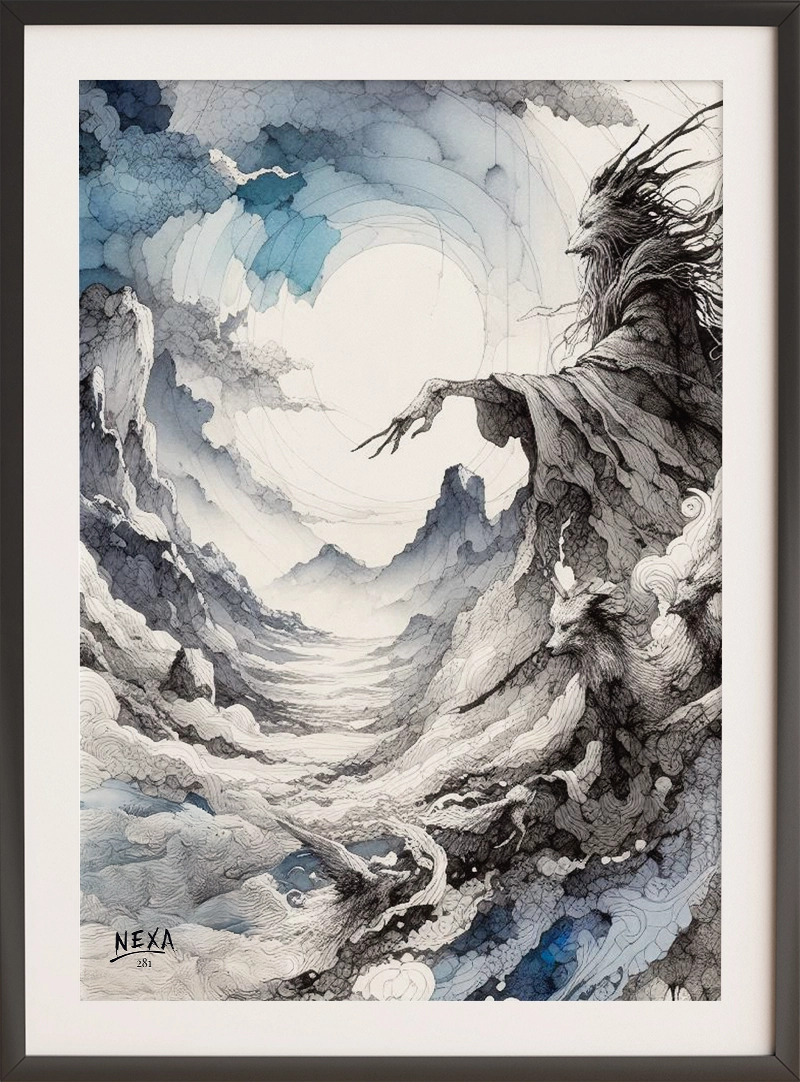 Mystical ink drawing of an ancient storm sorcerer with flowing robes and wolves in a surreal mountain landscape – A4 printable