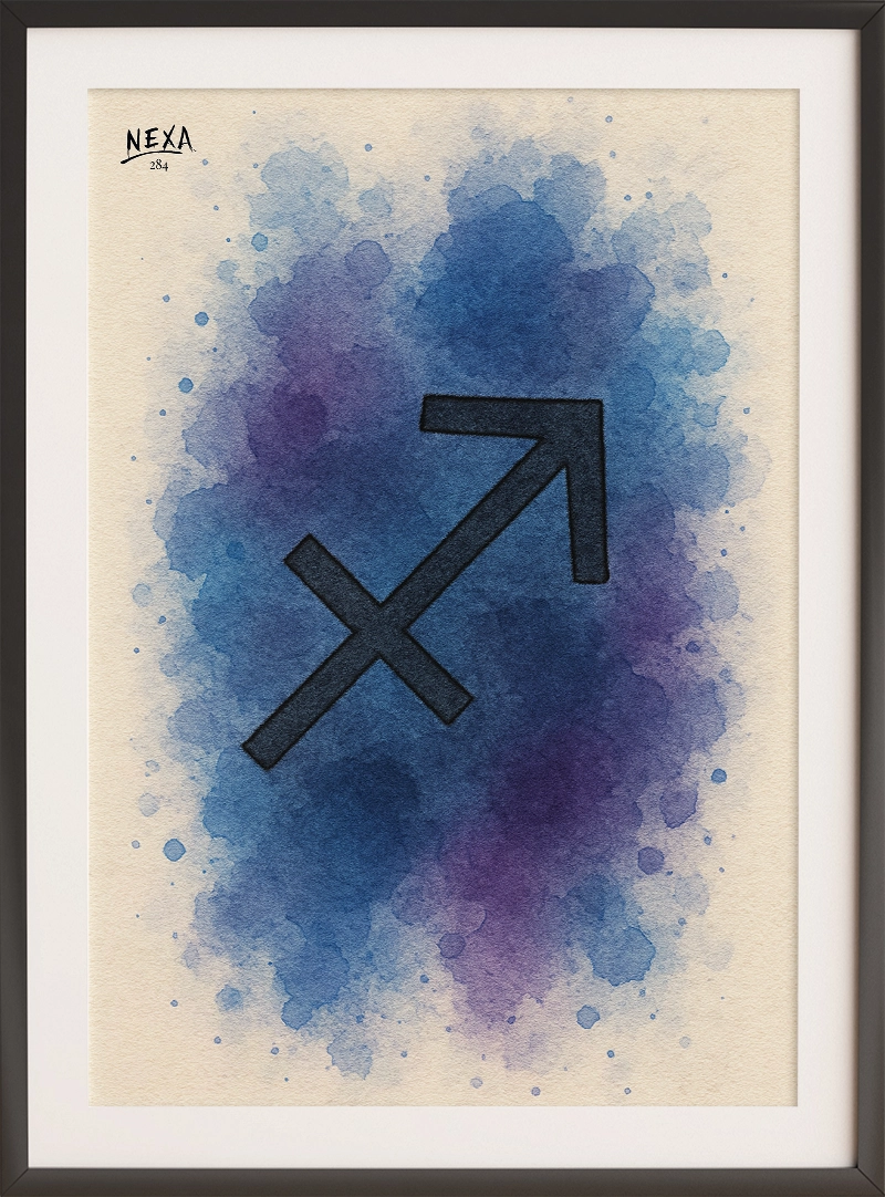 Sagittarius symbol on textured watercolor background in indigo and blue tones