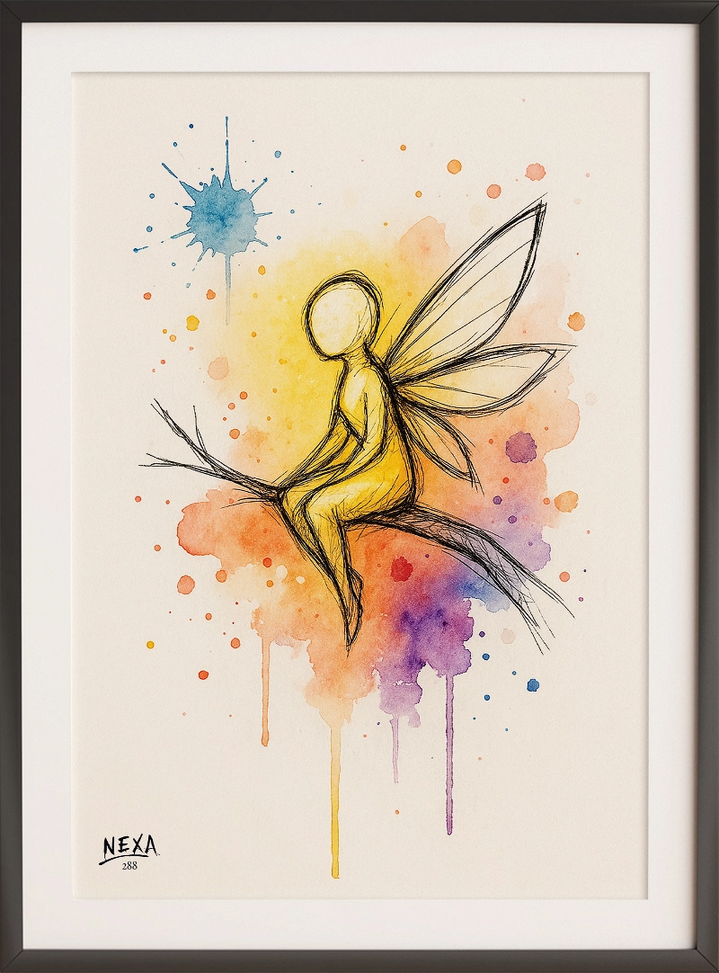 Delicate ink and watercolor drawing of a fairy sitting on a branch with rainbow background