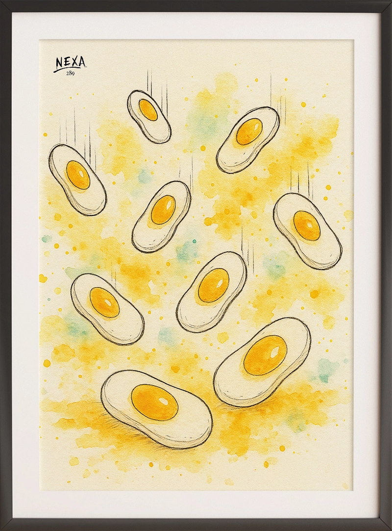 Watercolor showing fried egg candies falling against a yellow splash background