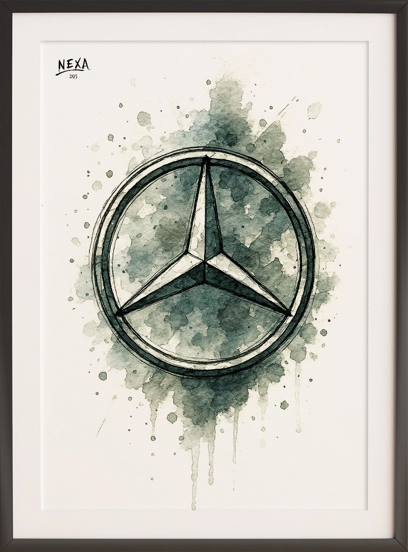 Watercolor interpretation of Mercedes-Benz emblem with ink splashes